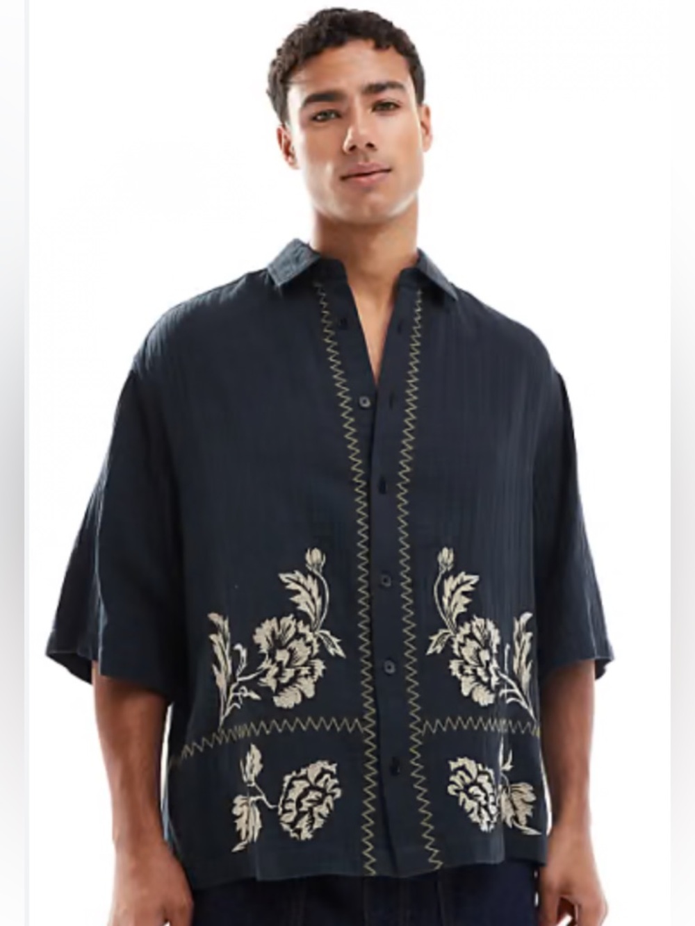 ASOS Black Short-Sleeve Button-Up Shirt with Cream Floral Embroidery